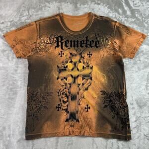 Affliction Style Remetee Graphic T Shirt Men’s L Cross Gothic Distressed Brown